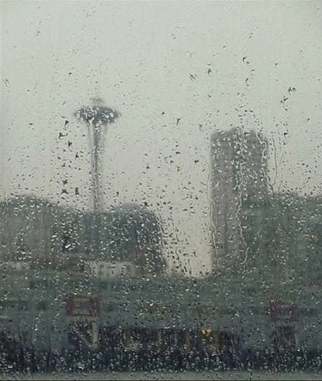 Photo of a rainy day in Seattle taken through a window.