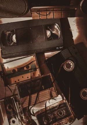 A collection of analog audio cassette tapes and a portable cassette player on a wooden surface.