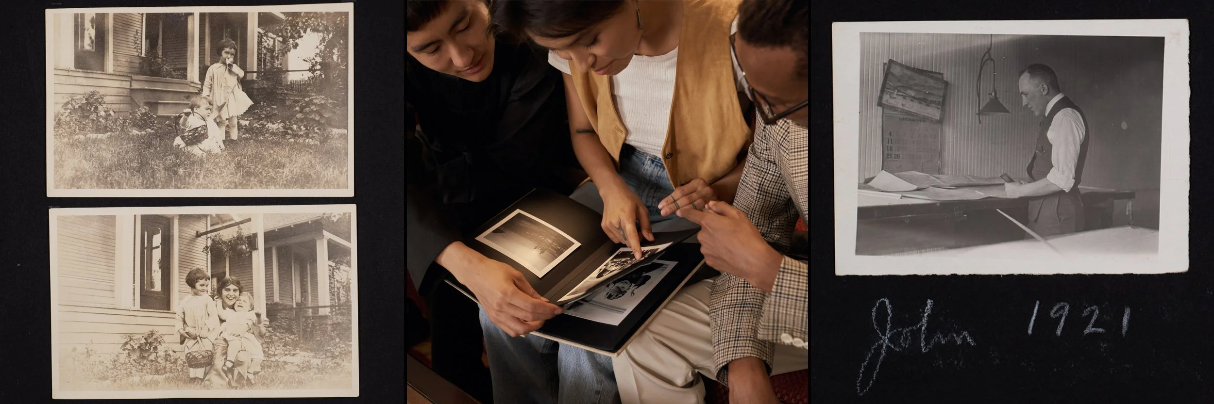 Three black-and-white vintage photographs on a display board and a group of three people examining a photo album. The top left photo shows two children, a girl and a boy, in front of a house with a garden. The bottom left photo shows the same childre