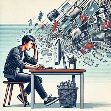 A person sitting at a desk overwhelmed by numerous digital devices and screens bursting from a computer monitor.