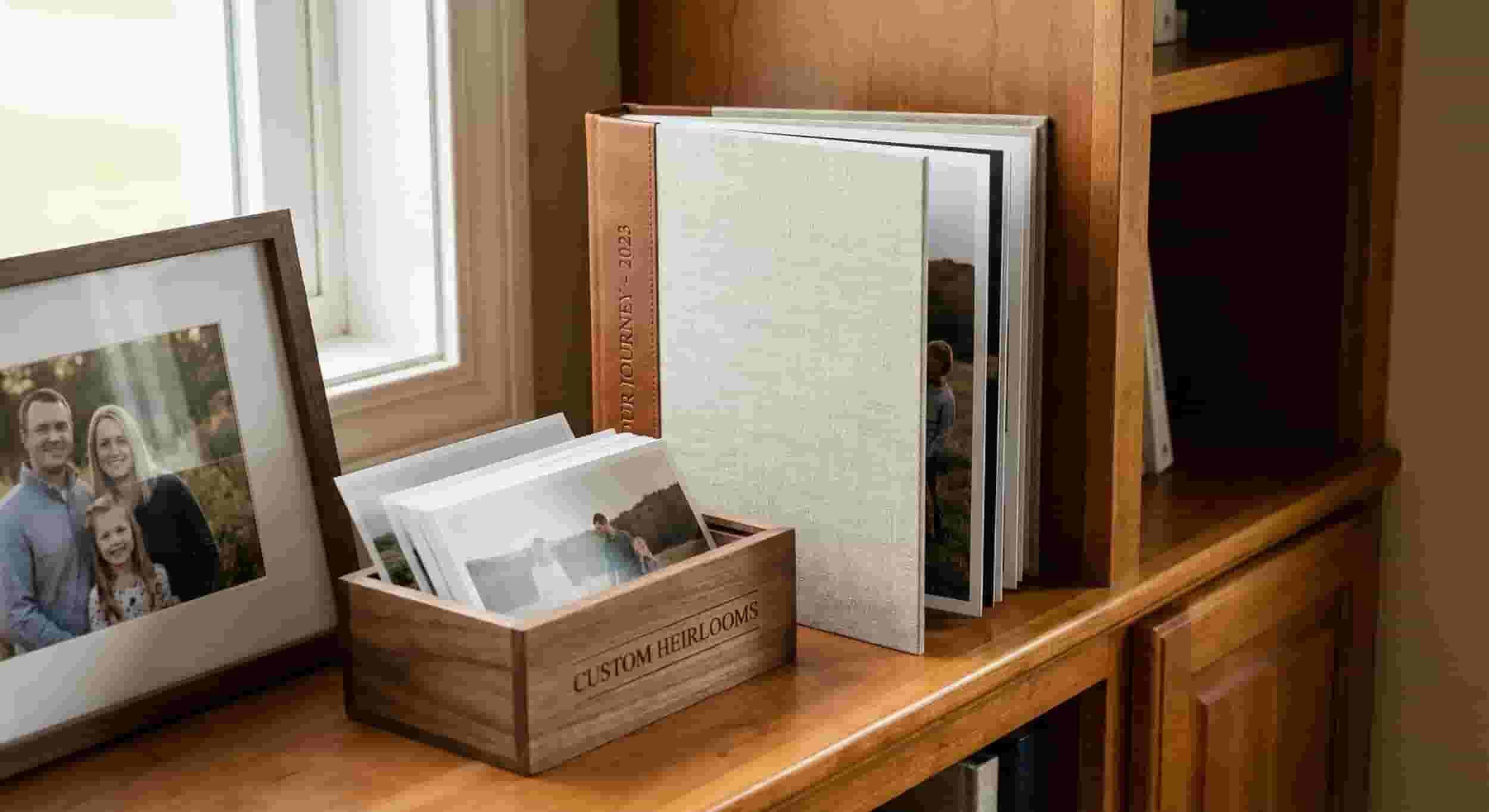 Photographs and photo albums on a wooden shelf near a window, with a framed family picture of a man, woman, and girl, and a wooden box labeled 'Custom Heirlooms' containing printed photographs. There's also a beige photo album and a larger white photo album.