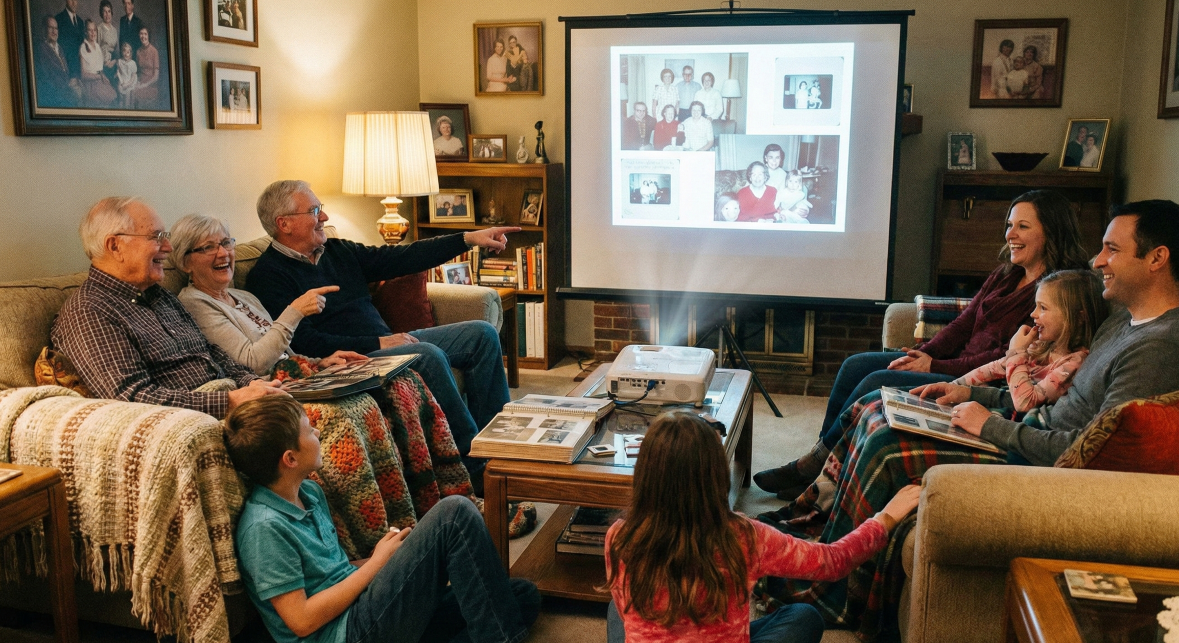 Family gathering in a living room watching a presentation of old family photos projected on a screen. The group, consisting of children, adults, and elderly, sit on couches and chairs, engaging and smiling, with photo albums on a coffee table.