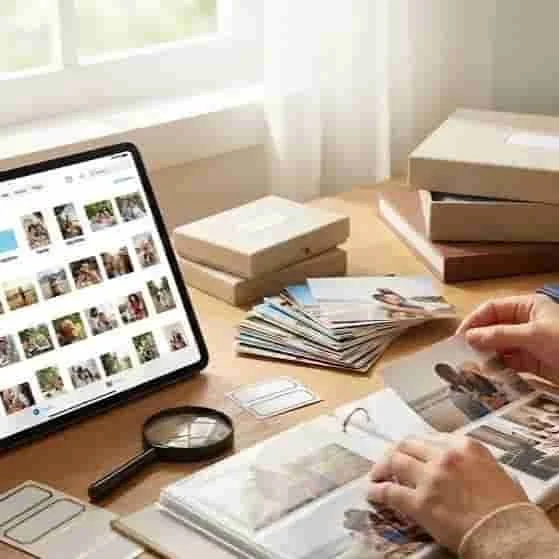 A workspace with a tablet displaying photo thumbnails, stacks of printed photos, a magnifying glass, and boxes on a wooden table near a window.