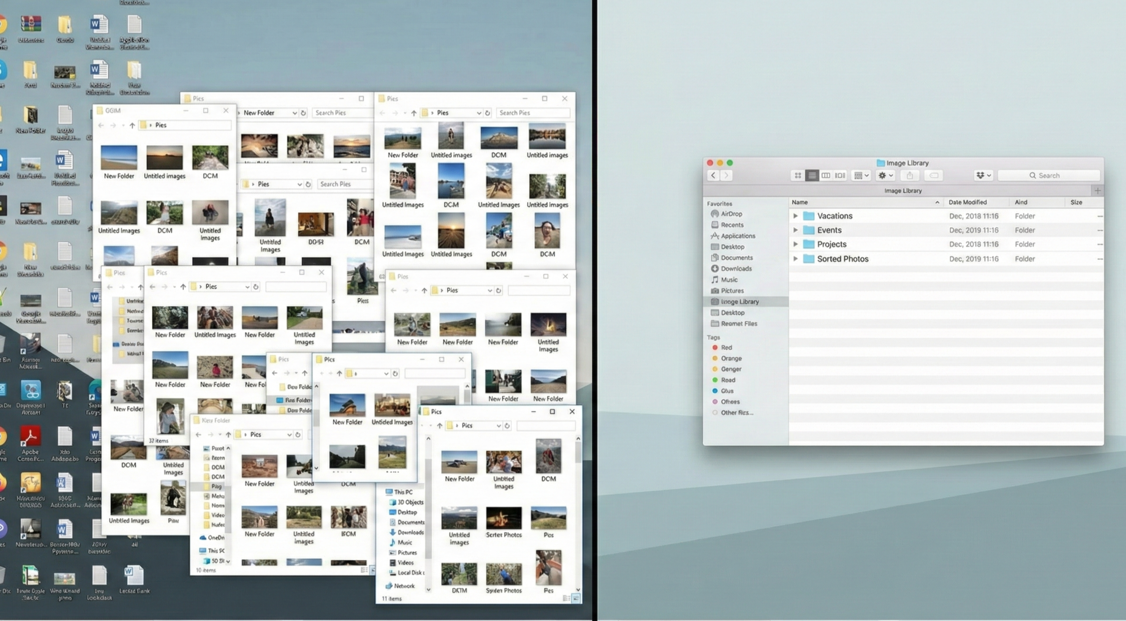 Multiple overlapping photo folders on a computer desktop, containing various images including landscapes and portraits, with a separate window showing organized folders such as Vacations, Events, Projects, and Sorted Photos.