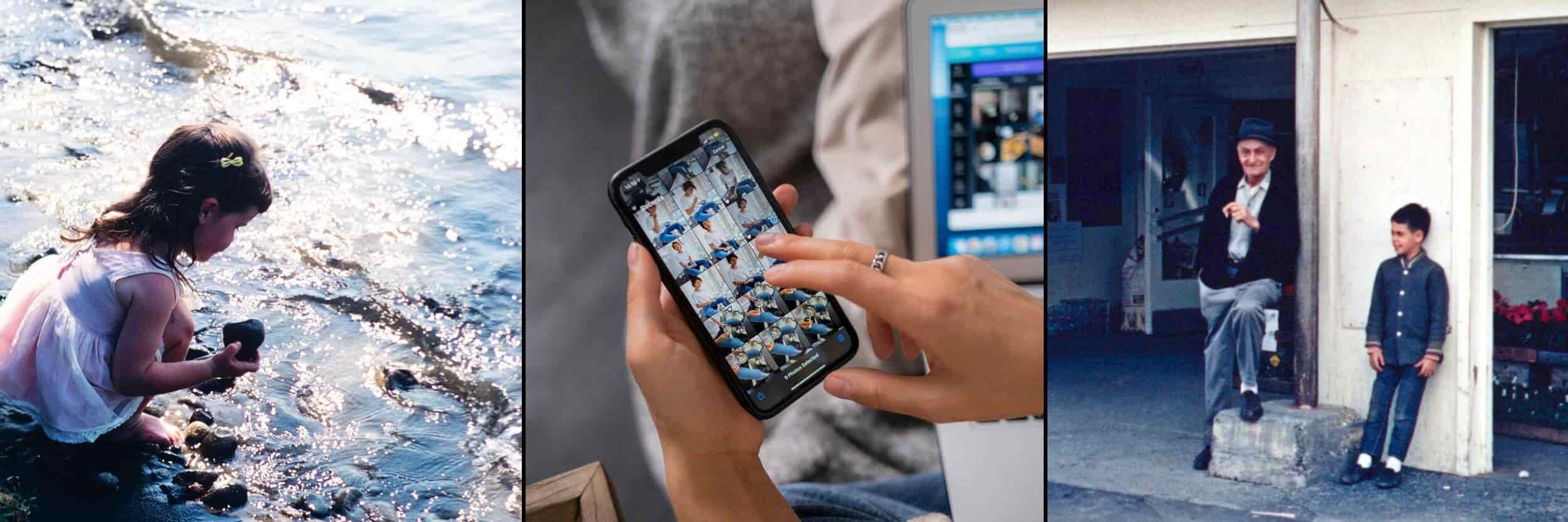 A collage of three images: a girl sitting by the water holding rocks, a person scrolling through photos on a smartphone, and an older man with a young boy standing outside a building.
