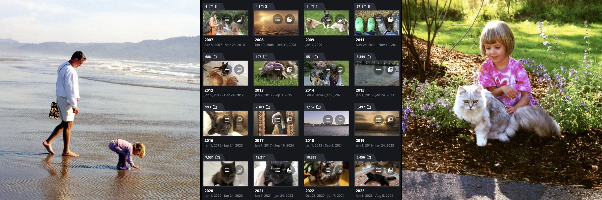 A collage of three photos. The left photo shows a man and a young girl walking on beach sand near the water, with mountains in the background. The middle section displays a colorful screenshot of a photo storage gallery, with various photos and folde