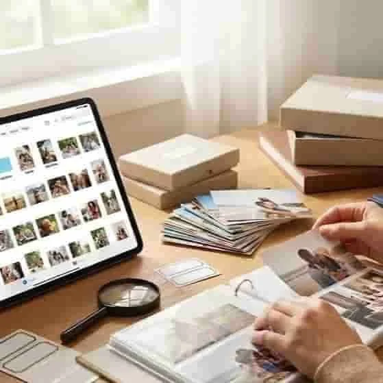 A workspace with a tablet displaying photo thumbnails, stacks of printed photos, a magnifying glass, and boxes on a wooden table near a window.