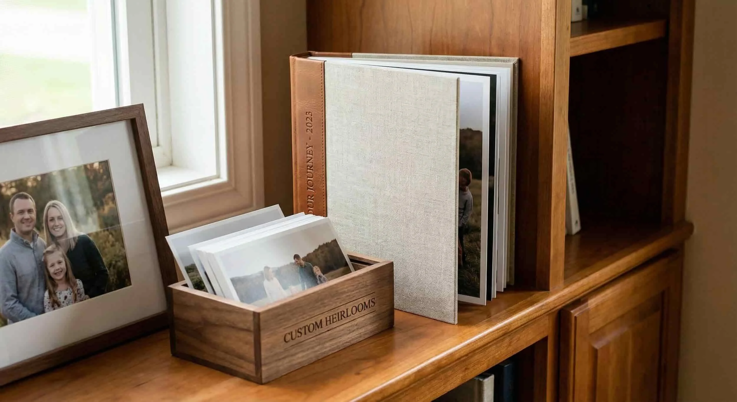Photographs and photo albums on a wooden shelf near a window, with a framed family picture of a man, woman, and girl, and a wooden box labeled 'Custom Heirlooms' containing printed photographs. There's also a beige photo album and a larger white photo album.