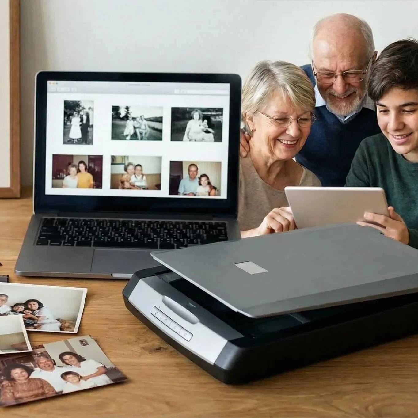 Three generations of family members smiling while looking at a tablet together, with a laptop displaying old photographs and printed printed photos on the table.