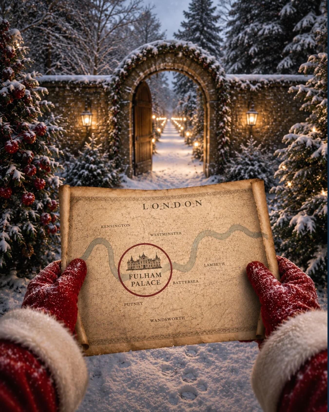 Somewhere amongst the noise and lights of London&hellip;
Santa has checked the map, and he&rsquo;s heading to Fulham Palace ✨

A hidden winter garden tucked behind old walls, where lanterns glow softly in the snow and the city suddenly feels very f
