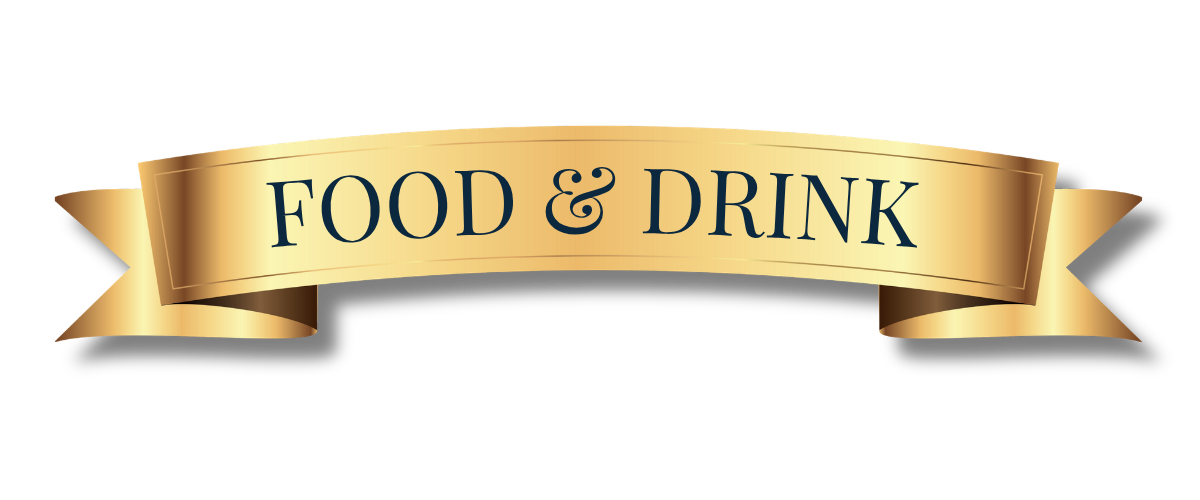 Gold ribbon banner with the text 'Food & Drink' in dark blue letters.