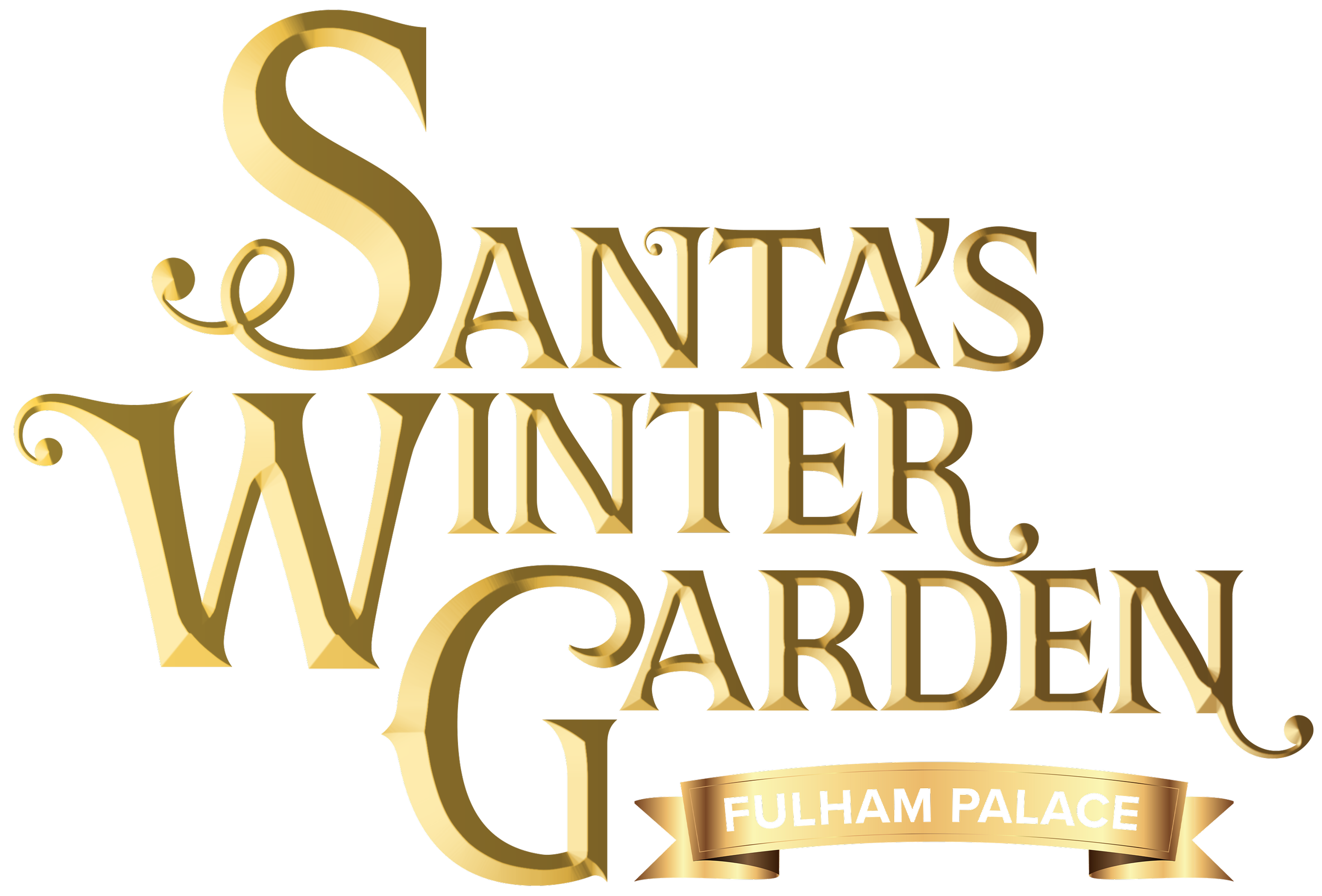 Logo for Santa's Winter Garden at Fulham Palace, featuring elegant gold text on a black background.