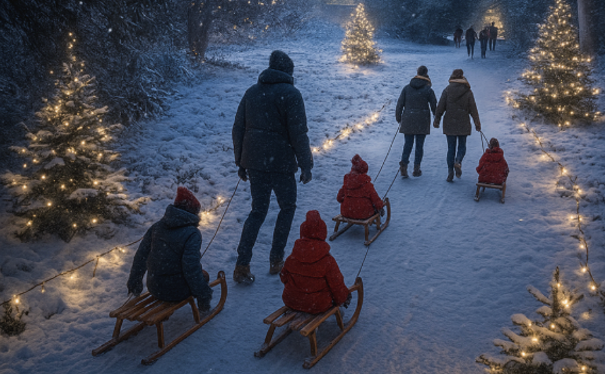 Pulling your children to santa on a sledge