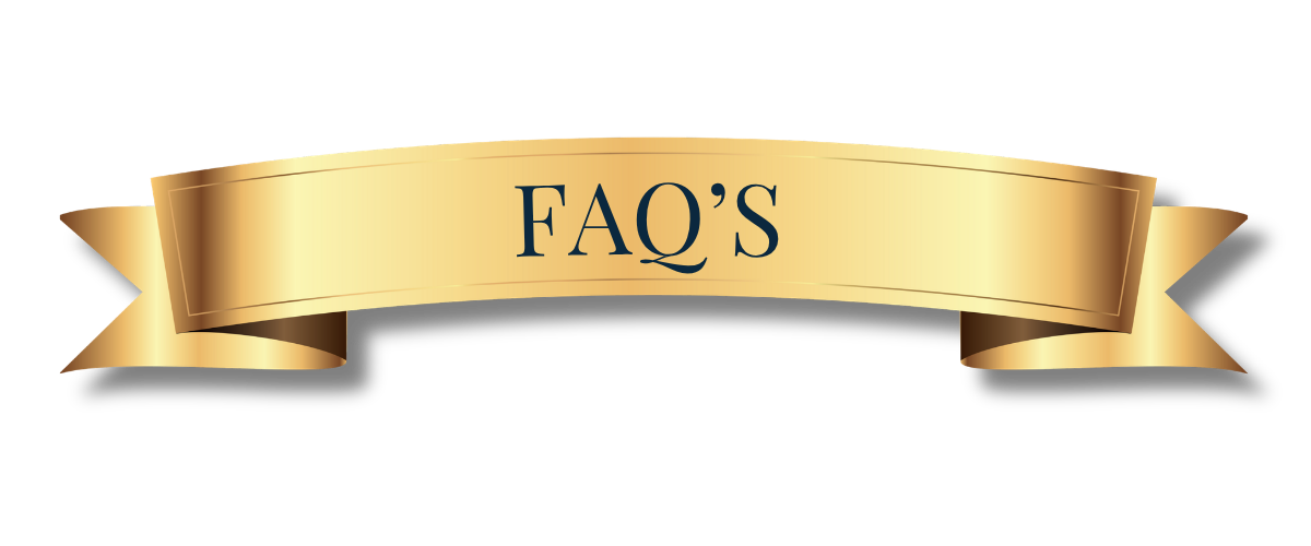 A beige ribbon with the word 'FAQ'S' written in dark blue capital letters.