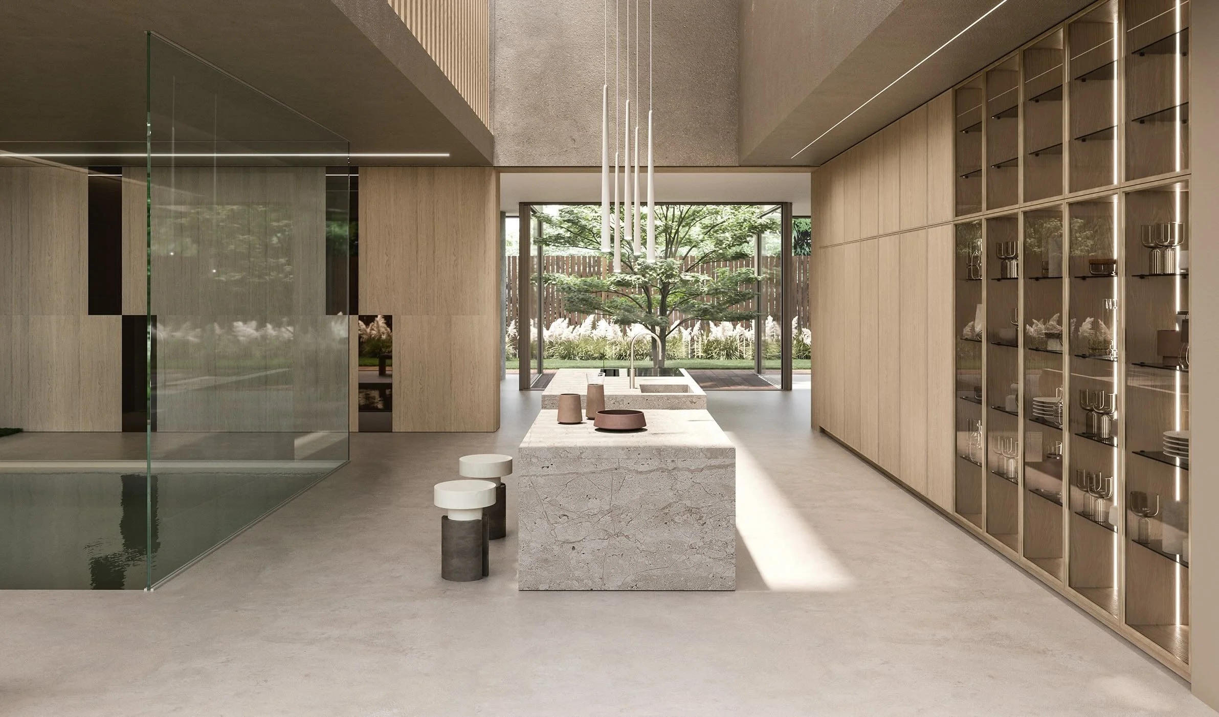 Antares Cucine TK 22 Wood Italian open-plan kitchen with long stone island and garden view, available at ArkNova Interiors Cyprus