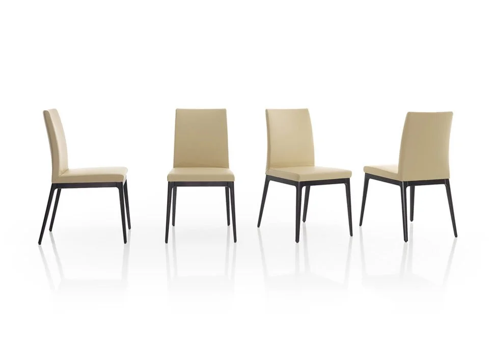Albani Divani Micol Italian beige leather dining chair with dark wood legs, elegant design at ArkNova Interiors Paphos showroom in Cyprus