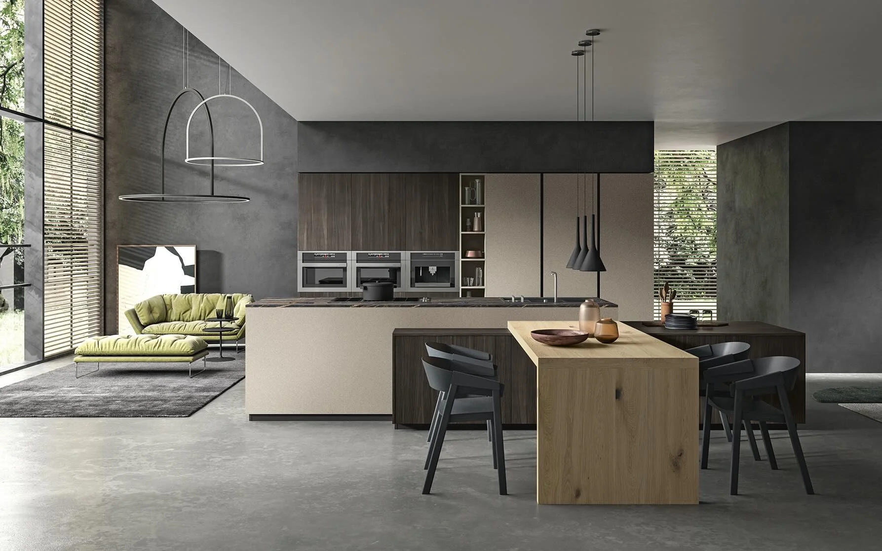 Antares Cucine MK18_G Italian modern open-plan kitchen with central island, wood dining table, black chairs and living area with green sofa, bright natural light at ArkNova Interiors in Paphos Cyprus