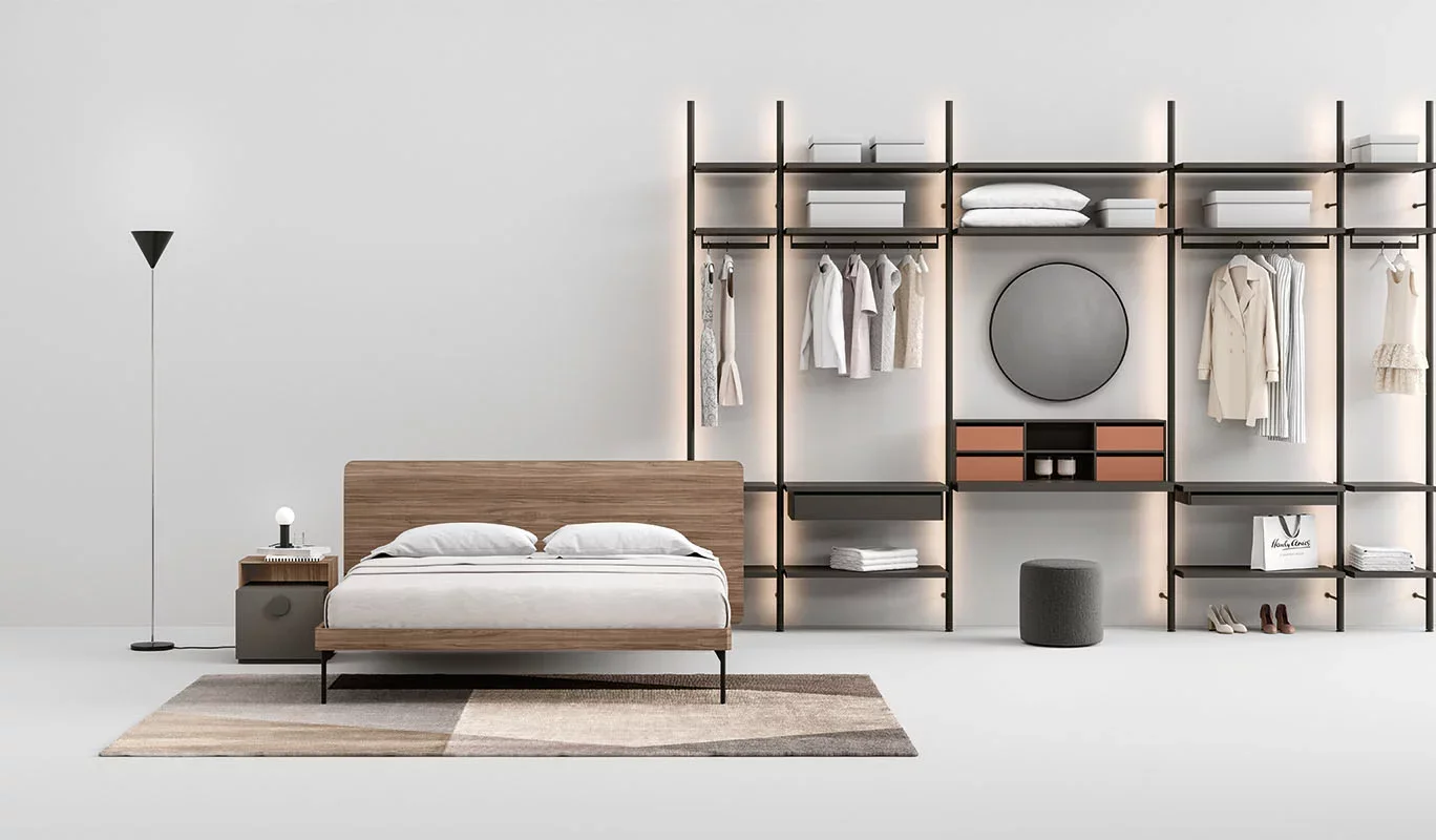 Italian Signo bed by Cinquepuntozero with wood headboard and integrated open shelving system at ArkNova Interiors Paphos Cyprus