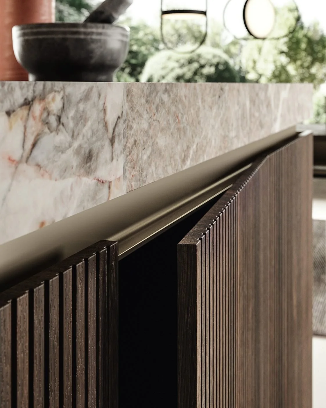 Antares Cucine Light Italian kitchen detail with fluted dark wood doors and marble worktop, available at ArkNova Interiors Cyprus