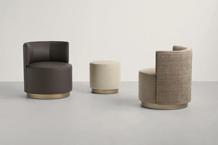 Frag Clubby Italian brown leather and beige woven armchairs with ottoman at ArkNova Interiors Paphos showroom in Cyprus