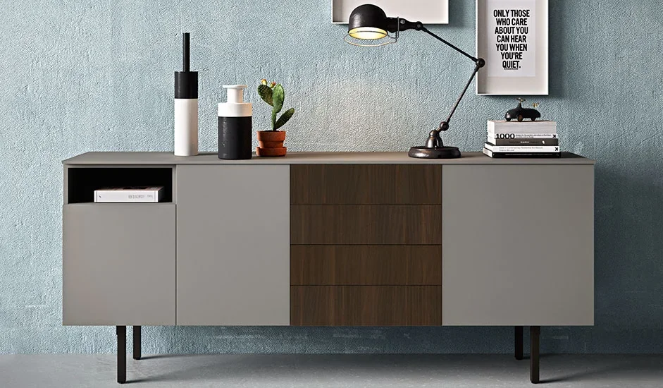Italian Cinquepuntozero BK03 modern sideboard with open compartments and wood accents at ArkNova Interiors Paphos Cyprus