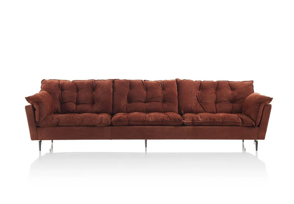 Albani Divani Mediterraneo Italian brown tufted three-seater sofa with chrome legs, modern design at ArkNova Interiors Paphos showroom in Cyprus