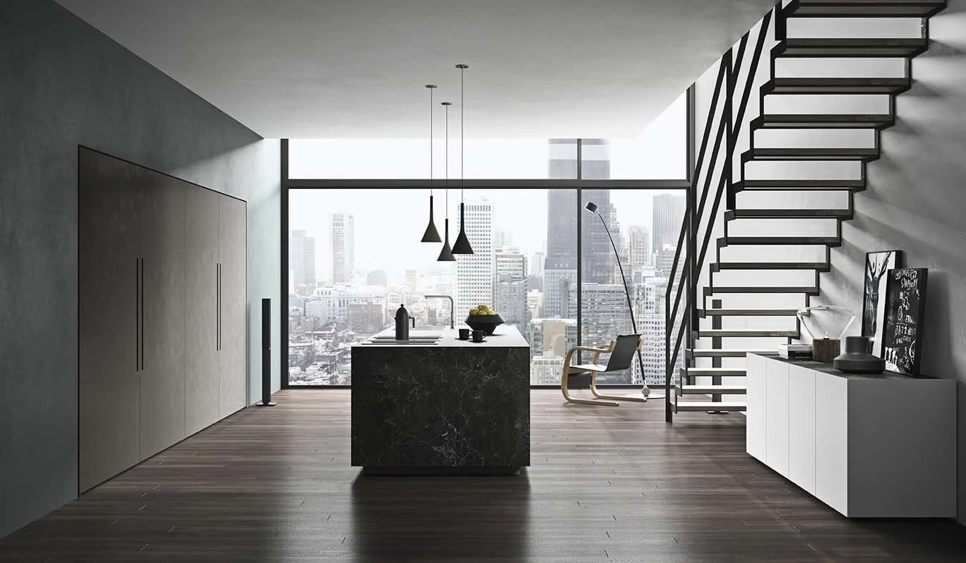 Antares Cucine AS10 CITY Italian design open-plan kitchen with black marble island, tall matte cabinetry and stunning city skyline view in Paphos, Cyprus by ArkNova Interiors