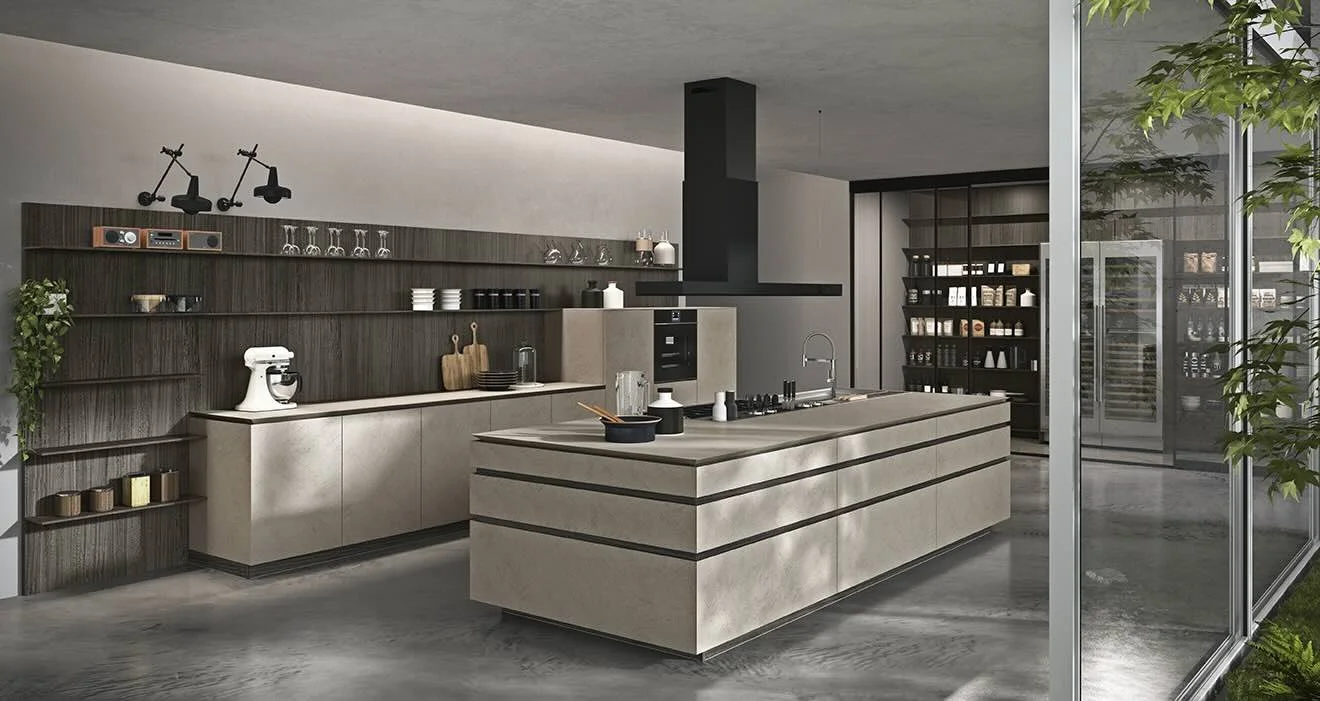 Antares Cucine MOOD Italian modern kitchen featuring black range hood, wall-mounted cabinets and central island in Paphos, Cyprus by ArkNova Interiors