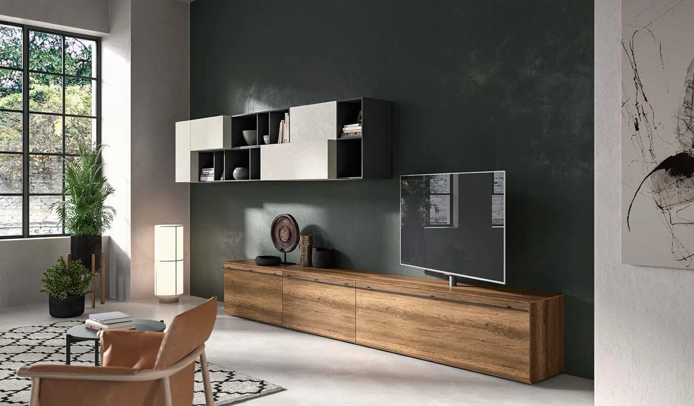 Cinquepuntozero LK05 Italian dark wood floor-standing TV console with wall units at ArkNova Interiors Paphos showroom in Cyprus