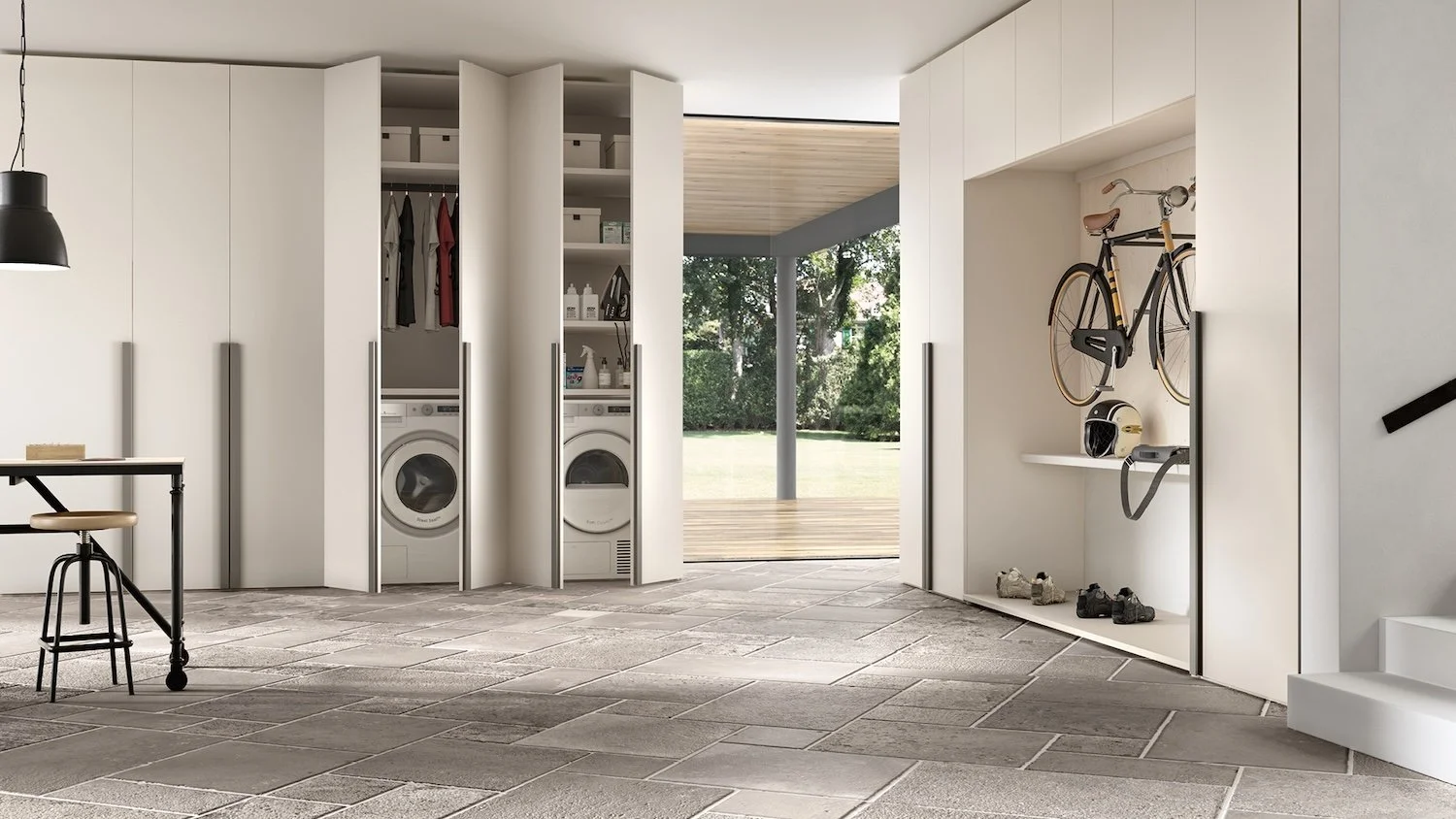Italian Siloma practical garage and utility wardrobe with organized storage at ArkNova Interiors Paphos showroom in Cyprus