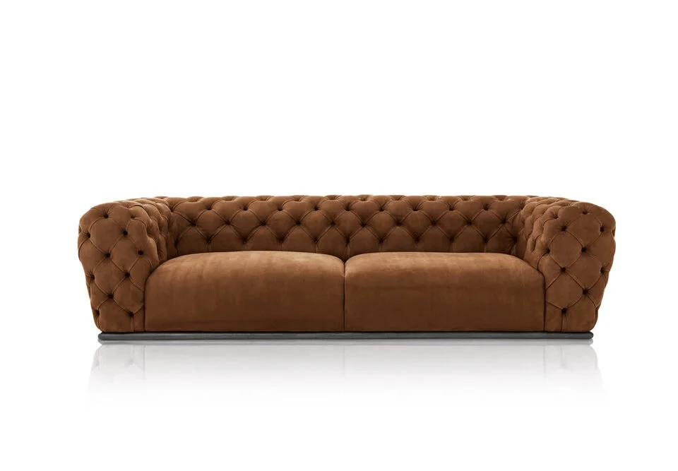 Albani Divani Winchester Italian brown tufted three-seater sofa, classic design at ArkNova Interiors Paphos showroom in Cypru