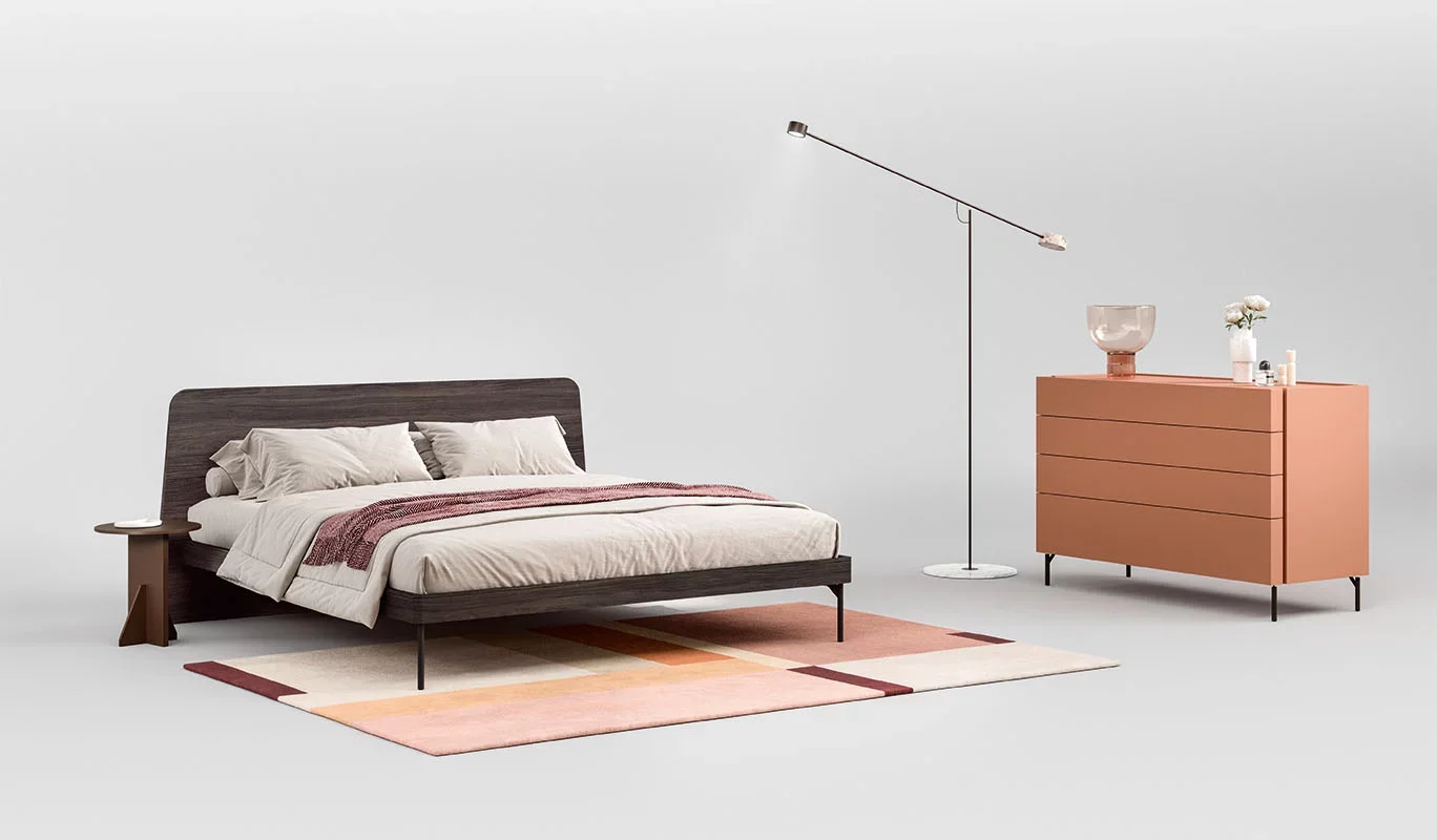 Italian Giza bed by Cinquepuntozero featuring dark wood angled headboard at ArkNova Interiors Paphos Cyprus