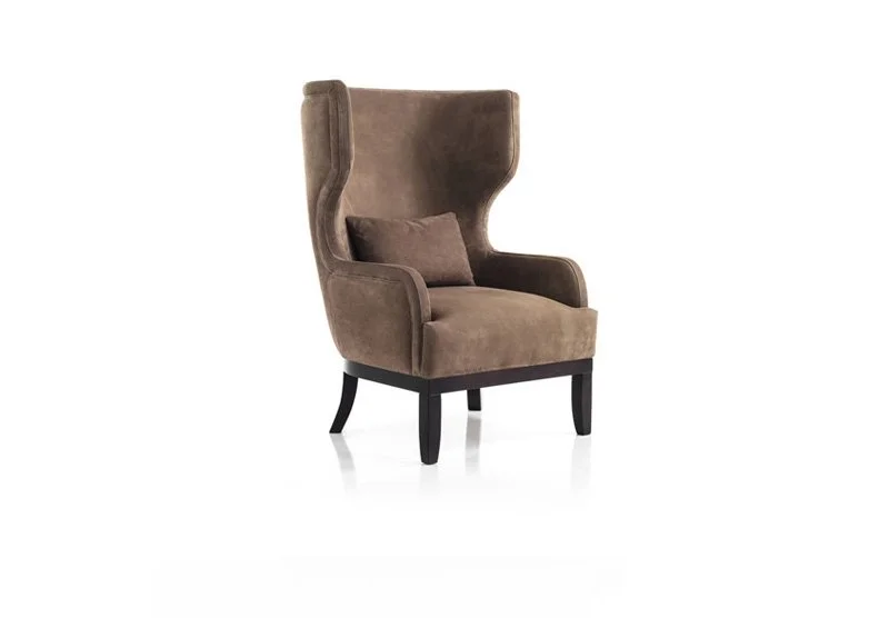 Albani Divani Oriana Italian brown suede wingback armchair at ArkNova Interiors Paphos showroom in Cyprus