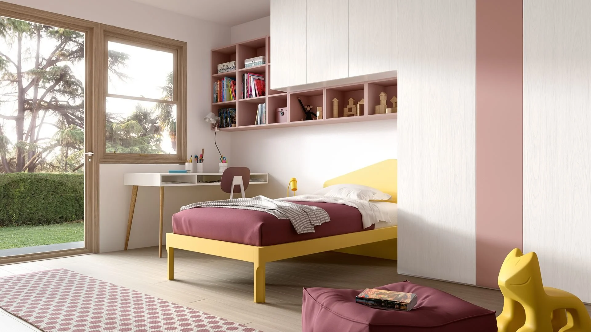 Siloma Set K15 Italian kids bedroom with yellow bed and pink modular storage – ArkNova Interiors Cyprus