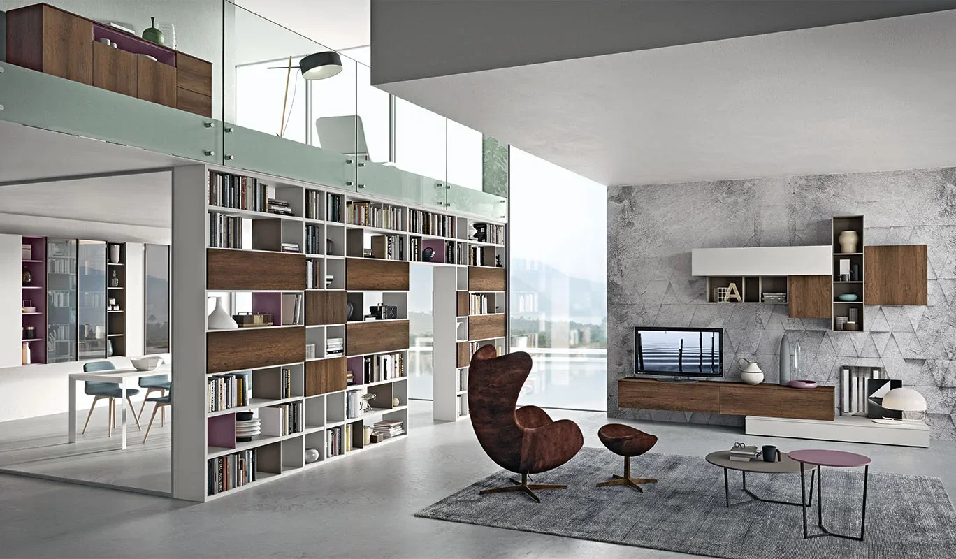 Cinquepuntozero BK05 Italian white and wood modular wall bookcase in double-height living area at ArkNova Interiors Paphos showroom in Cyprus