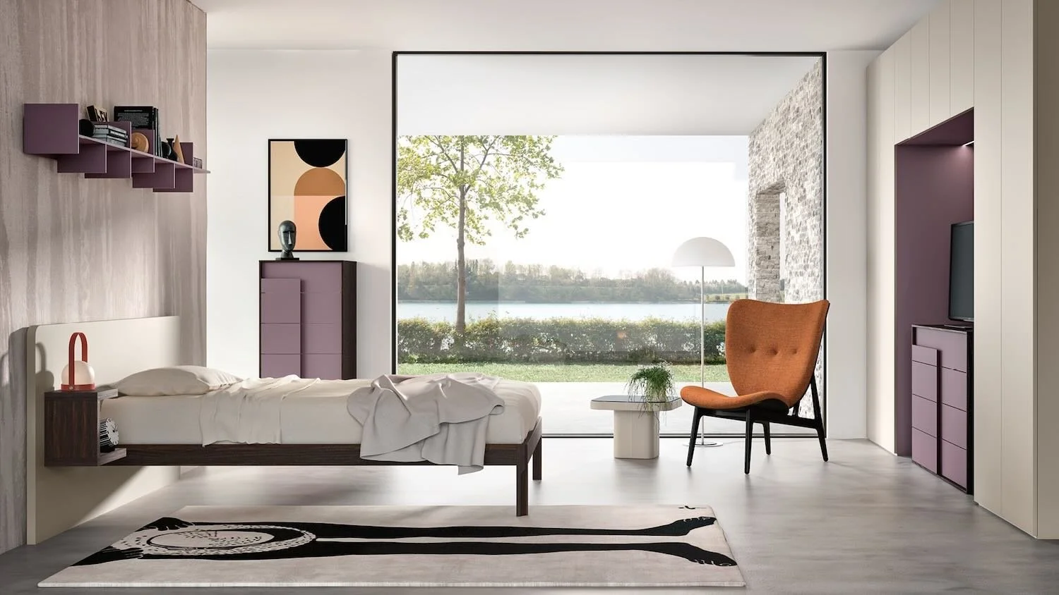 Italian Siloma Set Y03 young bedroom in purple and wood tones with floating bed design at ArkNova Interiors Paphos showroom in Cyprus