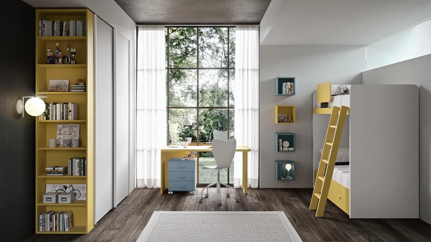 Italian Siloma Set K29 bright children's bunk bed with yellow and blue accents and large shelving at ArkNova Interiors Paphos showroom in Cyprus
