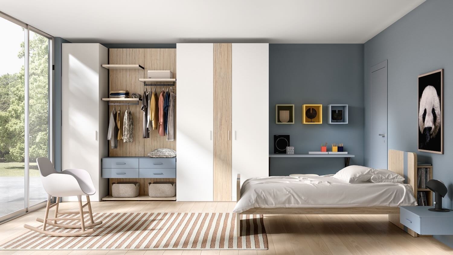 Italian Siloma Set K11 children's bedroom in pink and wood with wardrobe and rocking chair at ArkNova Interiors Paphos showroom in Cyprus