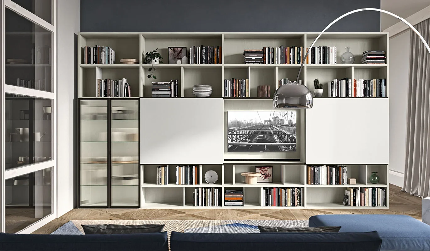 Cinquepuntozero BK02 Italian white modular wall bookcase with glass doors and TV at ArkNova Interiors Paphos showroom in Cyprus