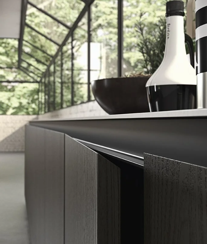 Antares Cucine ZEN Plus Italian dark wood kitchen cabinet close-up detail with handle and stainless steel countertop – premium kitchen finish by ArkNova Interiors Paphos Cyprus