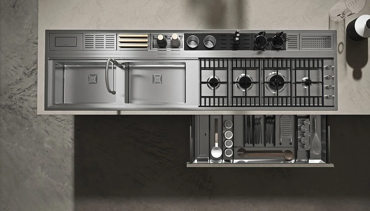 Antares Cucine MOOD Italian kitchen cooktop and sink area with open utensil drawer shown from above in Paphos, Cyprus by ArkNova Interiors