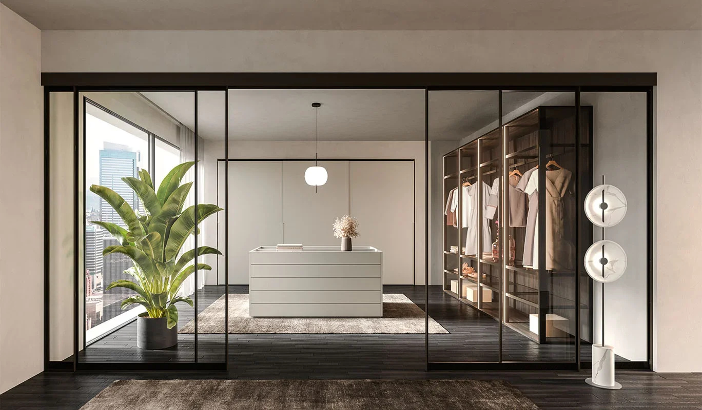 Italian Cinquepuntozero Go Door modern hinged wardrobe doors at ArkNova Interiors Paphos showroom in Cyprus