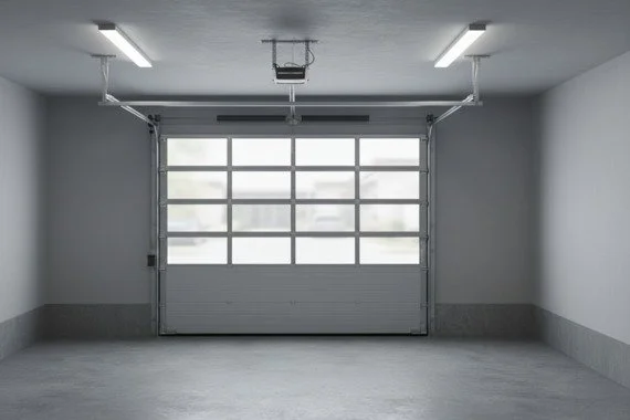 Novoferm Guides and Fittings Italian white sectional door with glass panels and tracks at ArkNova Interiors Paphos Cyprus
