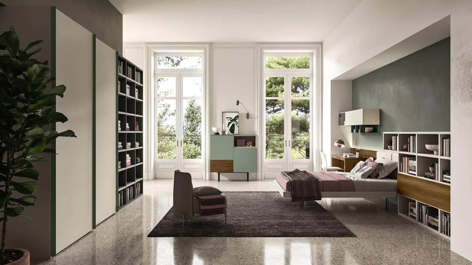 Italian Siloma Set Y07 bright young bedroom in white and green tones with large windows at ArkNova Interiors Paphos Cyprus