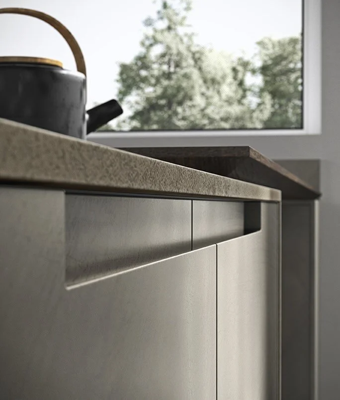 Antares Cucine AS10 Line Italian kitchen countertop detail showing concrete texture and natural window view in Paphos, Cyprus by ArkNova Interiors