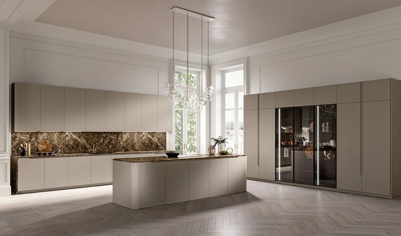 Antares Cucine AS10 Italian kitchen with central island, dark marble worktop and tall glass display cabinets, available at ArkNova Interiors Cyprus