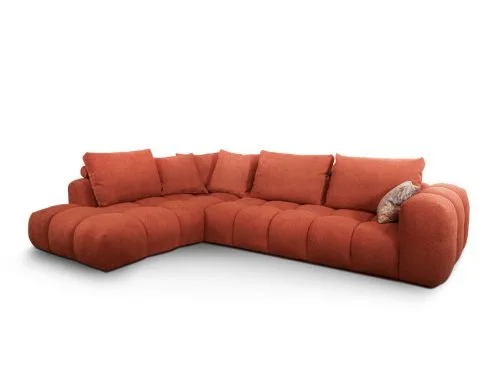 Miki Ferrari Domino Italian orange large L-shaped tufted sectional sofa, contemporary design at ArkNova Interiors Paphos showroom in Cyprus