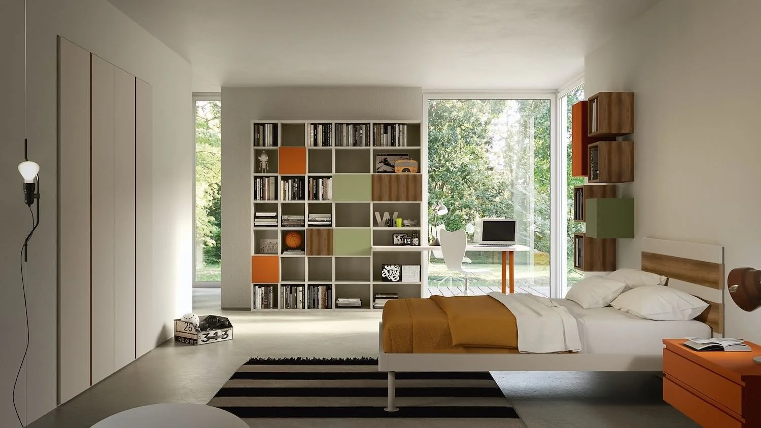 Italian Siloma Set Y08 vibrant young bedroom with colorful modular shelving and open layout at ArkNova Interiors Paphos showroom in Cyprus