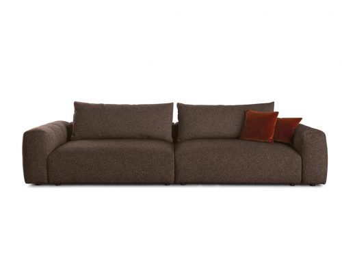 Miki Ferrari Qube Plus Italian brown two-seater sofa with orange pillows, contemporary design at ArkNova Interiors Paphos showroom in Cyprus