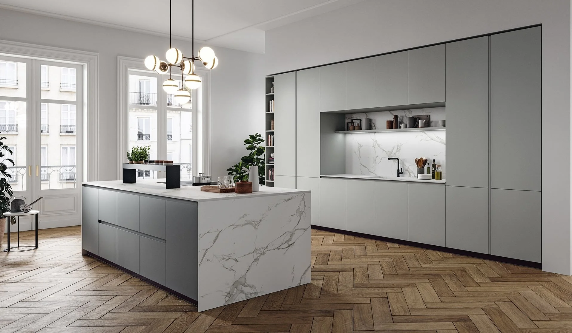 Antares Cucine MK18_P Italian modern kitchen featuring grey central island with white marble top, sleek wall units and bright natural light from large windows at ArkNova Interiors in Paphos Cyprus